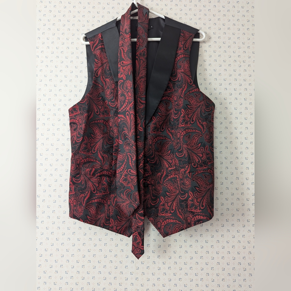 🖤 ♥️ Dibangu Men's Silk Paisley Vest Matching Tie Black Red Formal Party